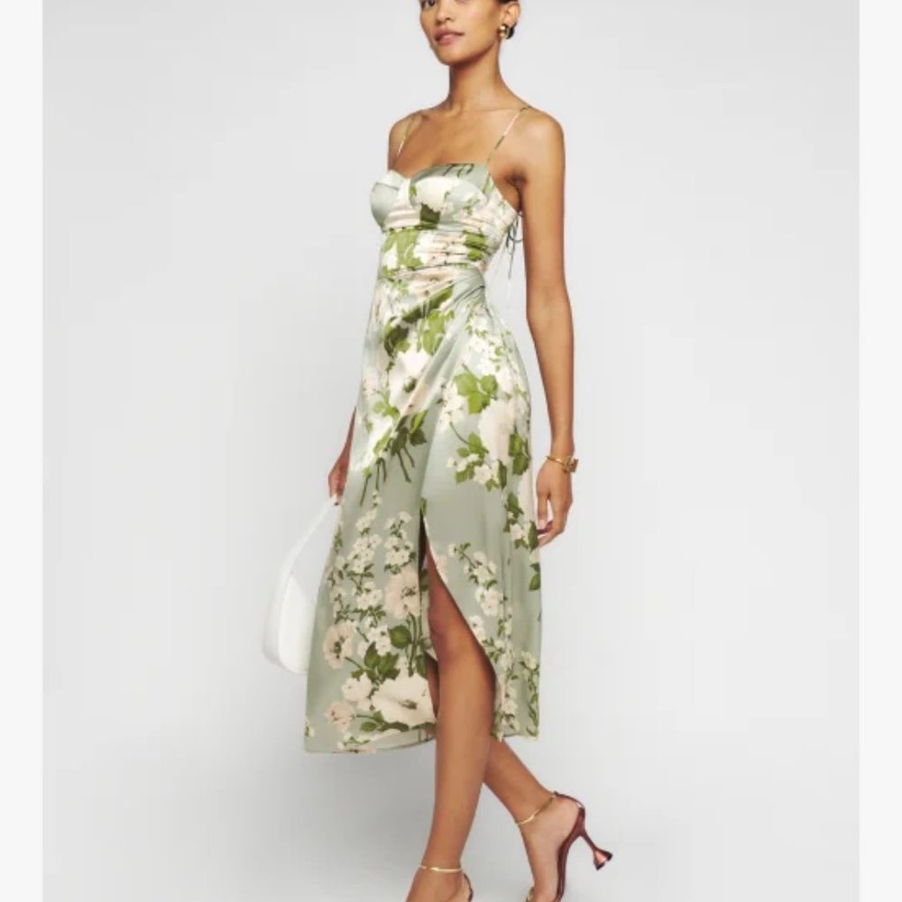 NWOT Reformation Marguerite Silk Dress in Tarragon Green White Floral Midi